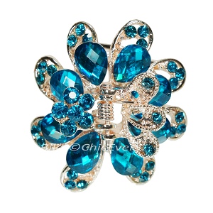 Haargreifer Blume Haarkneifer Haarklammer Metall & Strass blau türkis gold 5140